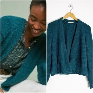 Sleeping On Snow Anthropologie Eyelash Cardigan Teal Fuzzy Sweater Small